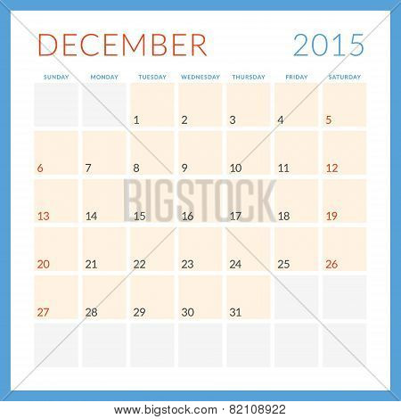 Calendar 2015 Vector Flat Design Template. Deceber. Week Starts Sunday