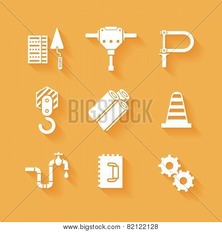 Trendy flat working tools icons white silhouettes