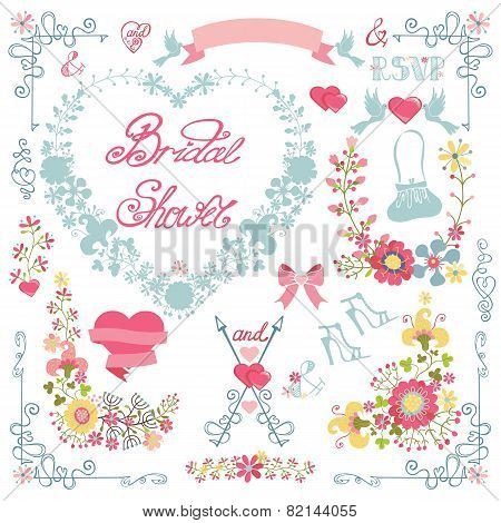 Bridal shower invitation. Floral heart wreath,headline,decor set