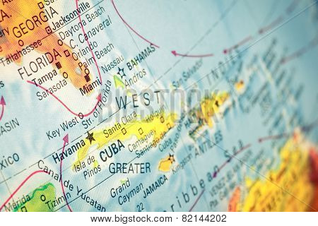 Map Of Cuba And Florida. Macro Image