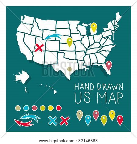 Hand drawn US map with map pins