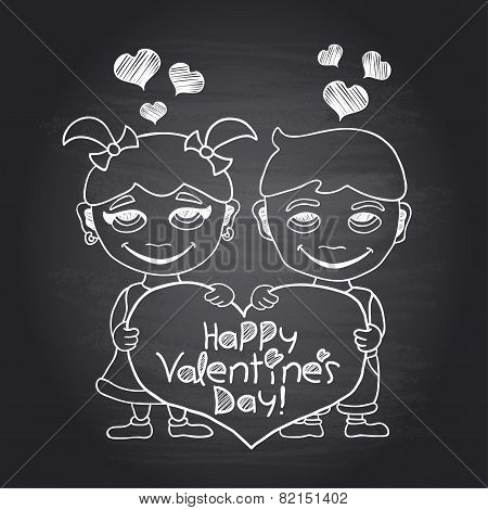 Happy Valentine's Day chalkboard card with boy and girl