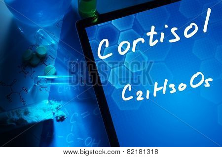 Tablet with the chemical formula of cortisol.