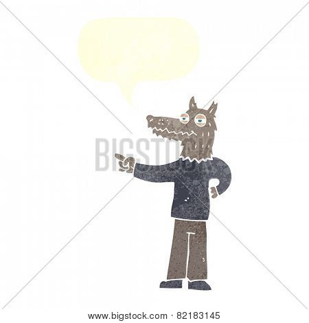 cartoon pointing wolf man with speech bubble