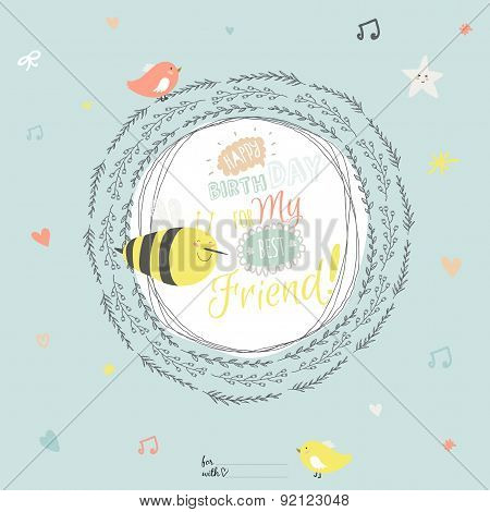 Happy Birthday card with greeting wish and cute bee in a wreath