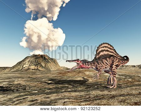 Dinosaur Spinosaurus and volcano