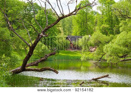 Rural Landscape With Ethnic House On Lake.