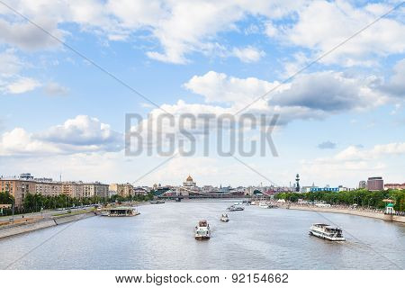 Excursion Ship In Moskva River Near Krymsky Bridge