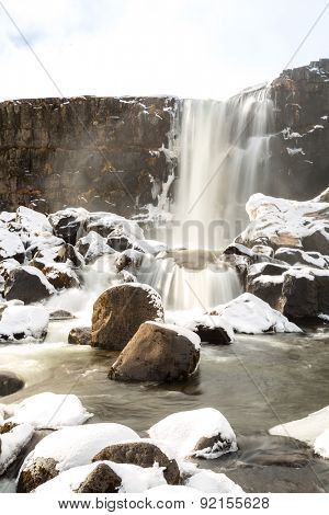 Oxararfoss Waterfall in the winter in pingvellir valley  National Park in Iceland
