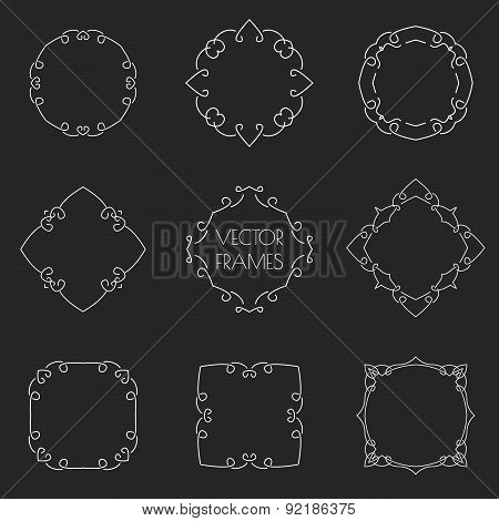 Set of thin outline vintage frames on chalkboard. Vector illustration.