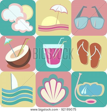 Beach Vacation,the Journey To The Sea, Vector Icons