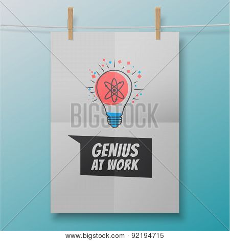 Genius at work poster like atom within lightbulb illustration and quote on a white folded sheet. Vec