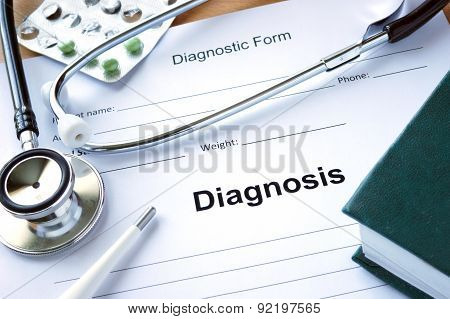 Diagnistic form with Diagnosis and stethoscope.