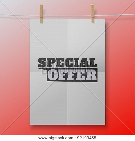 Vector special offer poster like white sheet on clothespins. Illustration for your business or onlin