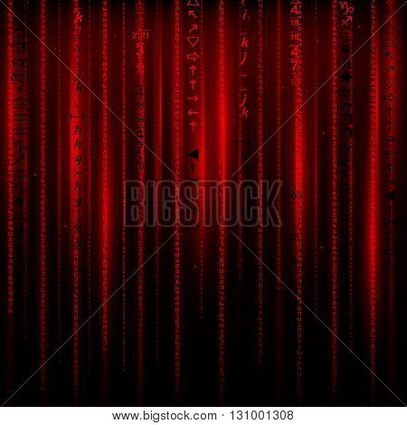 Matrix an abstract background the movement of vertical figures on a red background.