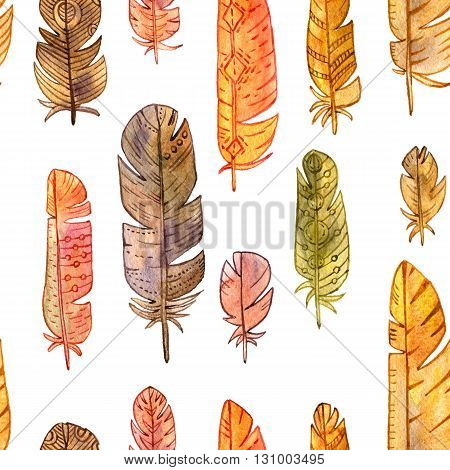 seamless pattern with watercolor drawing feathers, ornate color plumelet at white background, colored ornament, hand drawn background
