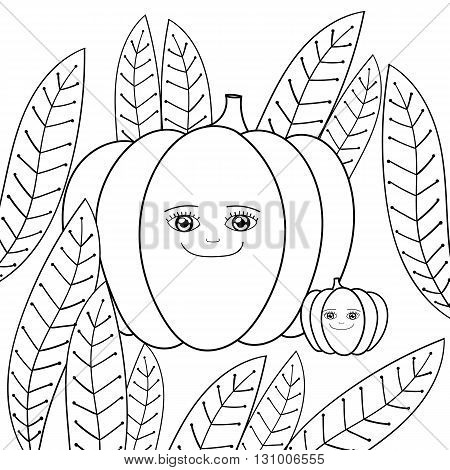 Cute pumpkins coloring book. Happy Mother Pumpkin and baby Pumpkin in whimsical garden. Vector illustration kids coloring pages.