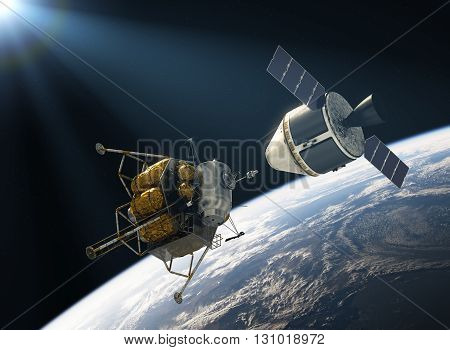Crew Exploration Vehicle Docking In Space. 3D Illustration.