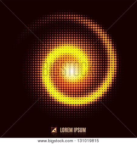 Abstract yellow flame flamy decorative vibrant background with halftone geometric element spiral stream swirl fire and vortex