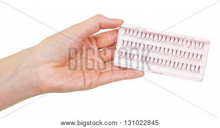 Set of false eyelashes sheaf in a female hand isolated on white background.