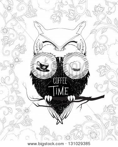 Coffee time owl in binoculars. Vector doodle illustration on floral background. Sketch