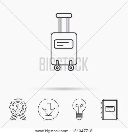 Suitcase with wheels icon. Travel baggage sign. Download arrow, lamp, learn book and award medal icons.