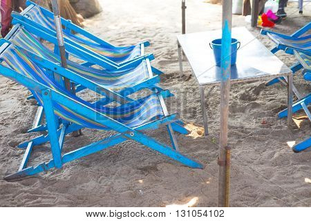 beach blue chairs at Cha-Am beach Thailand