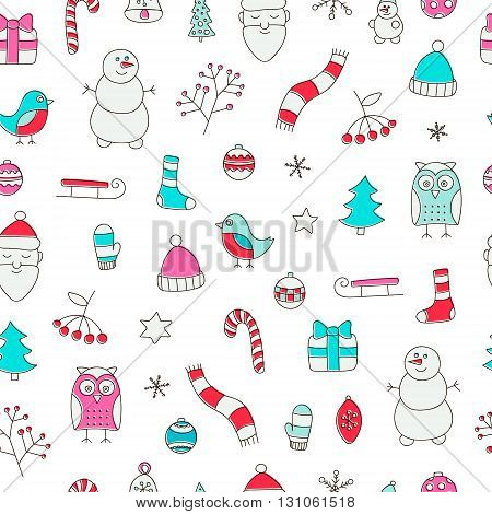 Winter christmas seamless pattern. Hand drawn doodle winter elements - spruce owl snowman scarf mittens socks star berries branch Santa Christmas tree balls sled.