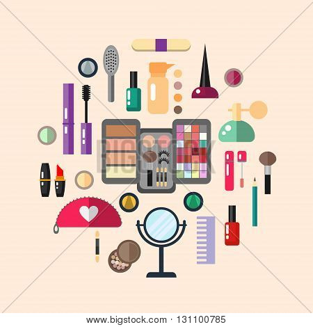 Beauty store with cosmetic objects: mascara, gloss, eyeshadow, lipstick, cream, blush, perfume. Make-up objects. Vector flat illustrations make up cosmetic.