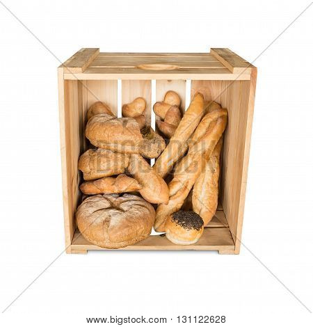 Bread In Wooden Box Isolated On White Background With Clipping Path