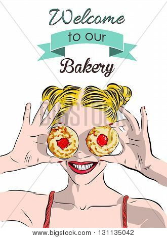 A sign in a bakery and a girl with cookies. Vector illustrstion
