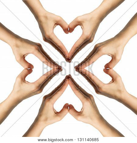 pattern where girl's hands serried in a heart shape on isolated background