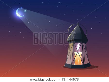illuminated colorful ramadan lantern against blue night sky with an crescent moon.Cartoon style.Vector illustration