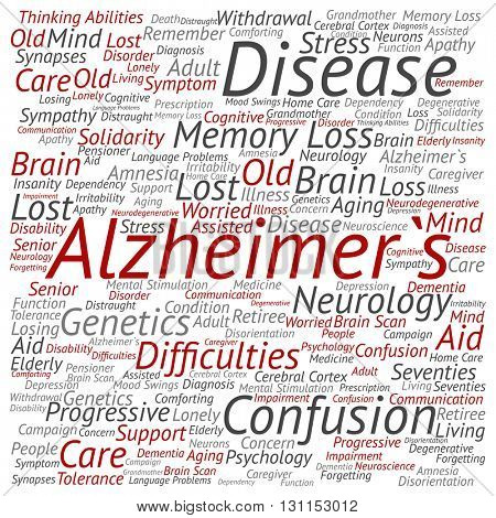 Concept conceptual Alzheimer`s disease symtoms abstract square word cloud isolated on background
