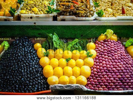 Olive and lemon heaps on a traditional moroccan market Meknes Morocco Africa 2013