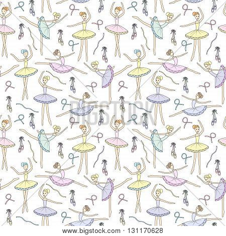 Seamless pattern with dancing ballerinas on a white background. Vector Vector childs drawing ballerinas