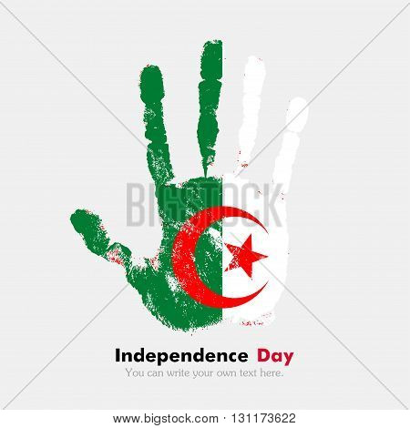 Hand print, which bears the Algeria flag. Independence Day. Grunge style. Grungy hand print with the flag. Hand print and five fingers. Used as an icon, card, greeting, printed materials.