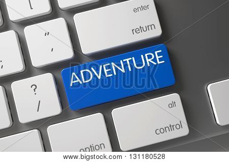 Adventure Concept Modernized Keyboard with Adventure on Blue Enter Button Background, Selected Focus. Key Adventure on Modern Laptop Keyboard. Adventure on Metallic Keyboard Background. 3D render.