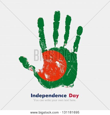 Hand print, which bears the Flag of Bangladesh. Independence Day. Grunge style. Grungy hand print with the flag. Hand print and five fingers. Used as an icon, card, greeting, printed materials.