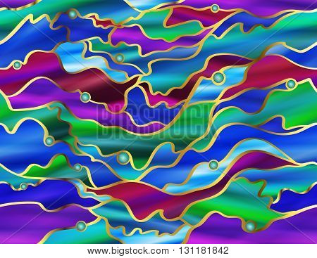 Stunning seamless seascape themed abstract stained glass window design in rainbow colors with 