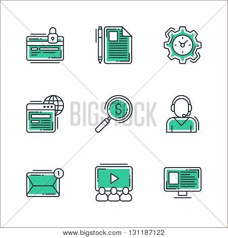 Set of icons of business workflow items and elements office equipment and stuff. Colored in green isolated on white background