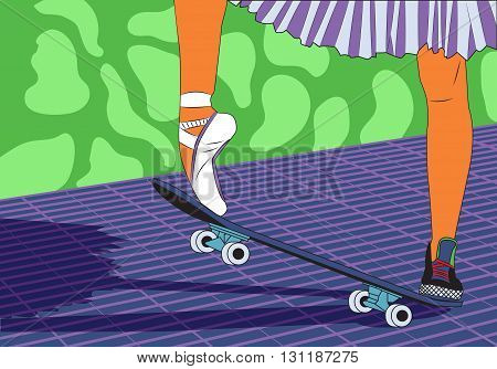 The legs of a ballerina on a skateboard. Feet shod in sneakers and ballet shoes. Modern fashion. Pop art style. Vector illustration