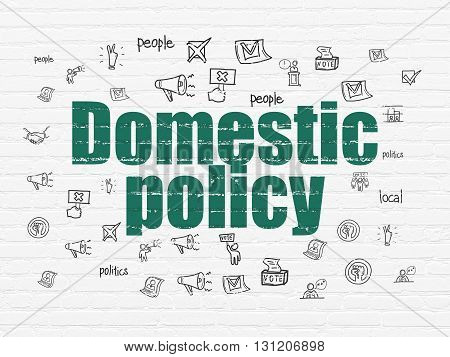 Politics concept: Painted green text Domestic Policy on White Brick wall background with  Hand Drawn Politics Icons