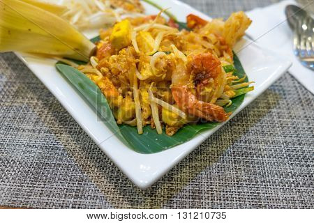 Thailand's national dishes stir-fried noodles with egg vegetable and shrimp (Pad Thai)