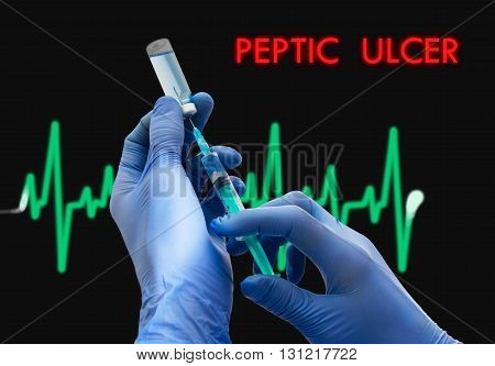 Treatment of peptic ulcer. Syringe is filled with injection. Syringe and vaccine. Medical concept.