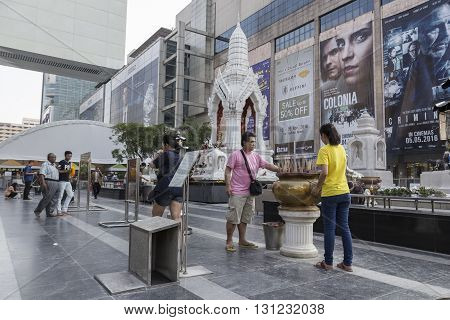 BANGKOK THAILAND - APR 17 : Unidentified people worship in Ganesha shrine at Central world in Ratchaprasong area on april 17 2016. Thailand. Ganesha shrine is one of sacred item in Ratchaprasong area