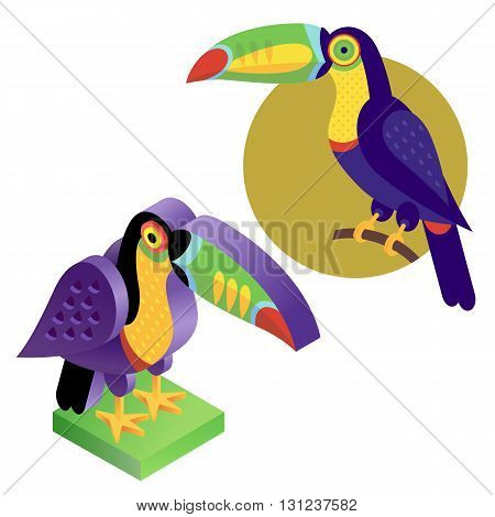 Unusual illustration of a set of birds. Vector bird flat icon toucan and its isometric view. Two design on isolated on white background.