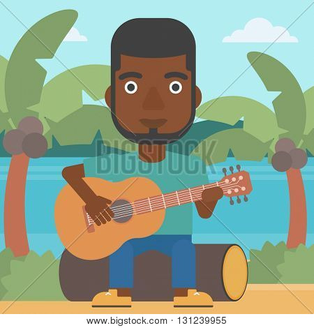 An african-american man sitting on a log and playing a guitar on the background of tropical beach with palm trees and the sea vector flat design illustration. Square layout.