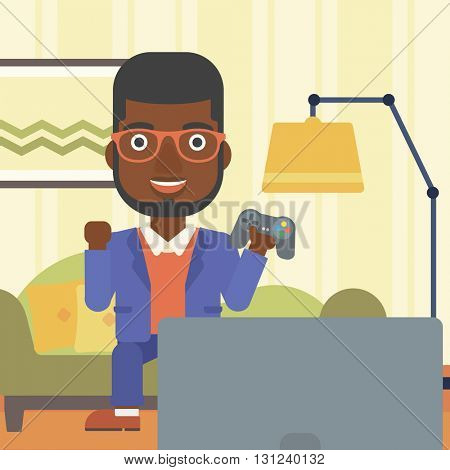 An african-american man with gamepad in hands sitting on a sofa in living room vector flat design illustration. Square layout.