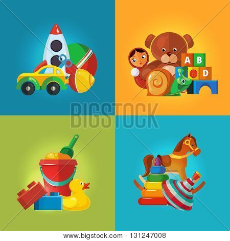 Toys icons for kids isolate on color background. Toys vector illustrations pack. Cartoon toys set